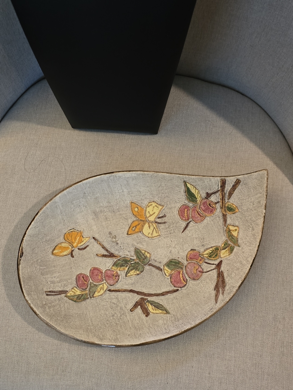 Hand Crafted Leaf-Shaped Ceramic Platter with Floral Branch Design
